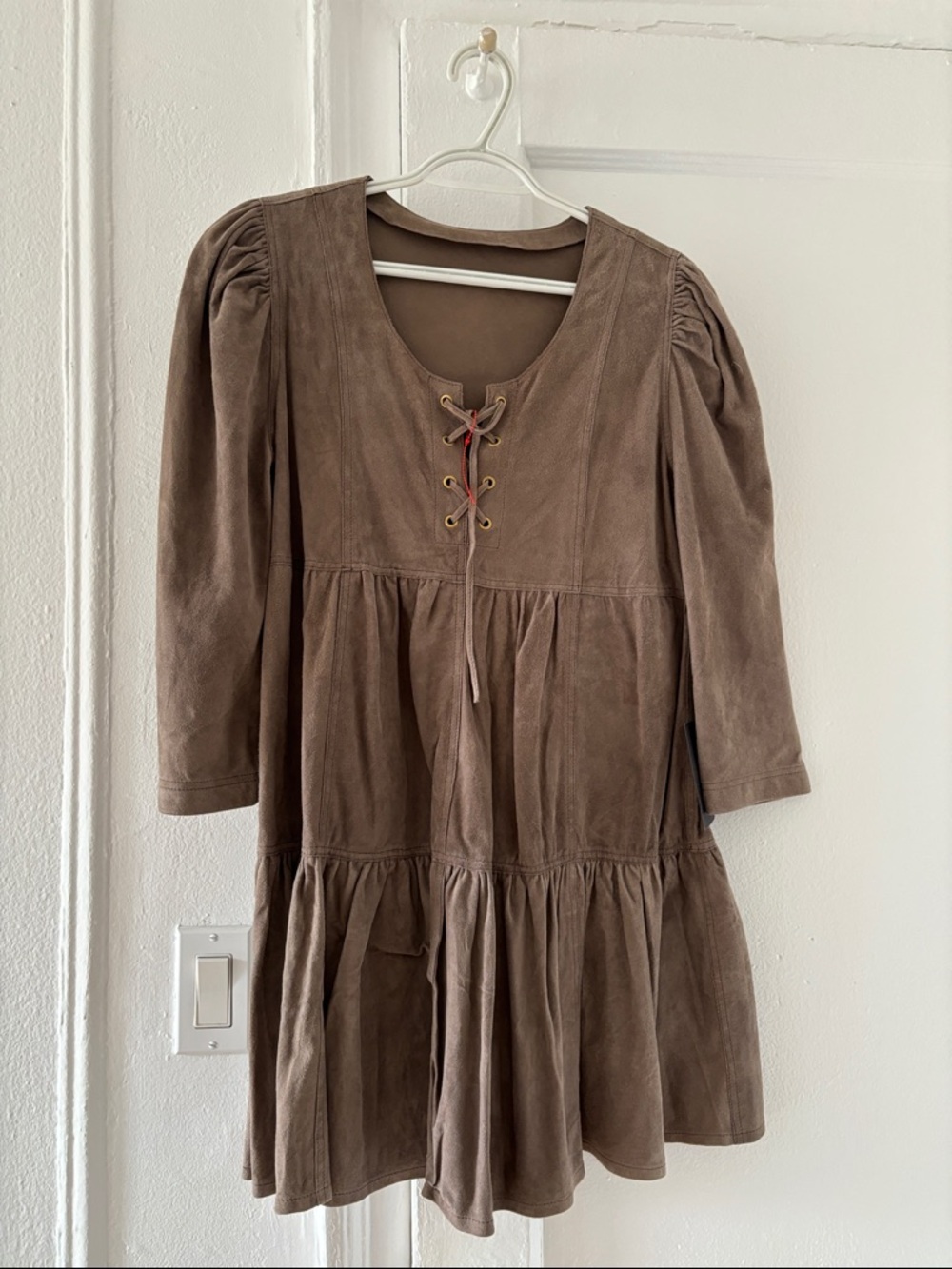 LoveShackFancy Brown Suede Mini Dress with Lace-Up Front